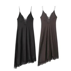 Women silk satin camisole dress with delicate lace v-neck and hem detail, elegant style.
