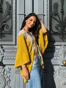 Summer women's lace spliced chiffon cardigan detail, V-neck drawstring long sleeve sun shirt.