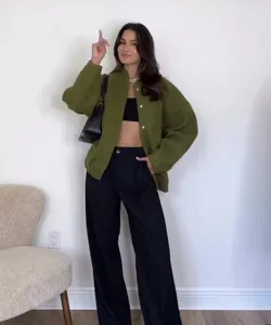 Olive green loose casual stand collar snap jacket detail view, perfect for daily streetwear style.