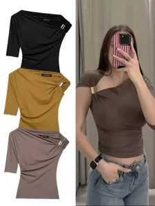 Women asymmetrical one sleeve slim fit top with metal ring summer fashion casual t-shirt