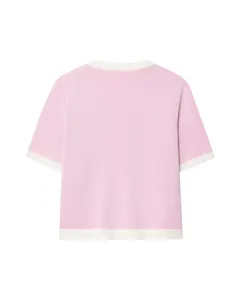 Modischer Damen Rundhalsausschnitt Kurzarm Kontrastfarbe Strickpullover Oberteil.