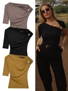 Women asymmetric metal trim slim fit short sleeve top casual pleated t-shirt apparel.