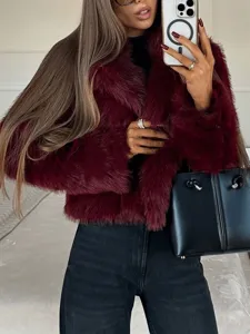 Women Faux Fur Jacket Long Sleeve Lapel Winter Casual Outerwear Burgundy Plush Coat