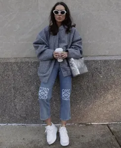 Oversized casual stand collar snap button jacket for women street style grey outerwear