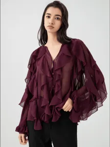 Stylish women long sleeve V-neck ruffled sheer blouse solid color elegant casual autumn shirt