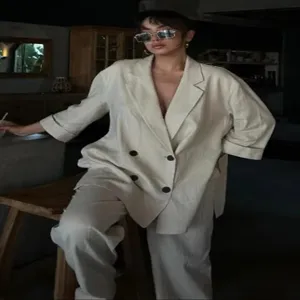 Conjunto De Blazer Cruzado Y Pantalones Para Mujer Estilo Casual Efecto Arrugado