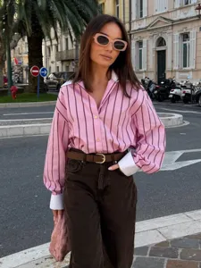 Pink striped long sleeve shirt with contrast white collar and cuffs casual chic streetwear apparel