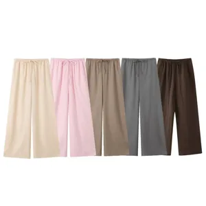 Casual linen wide leg trousers with elastic drawstring waistband in multiple colors for women