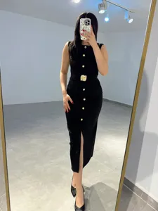 Elegant black sleeveless midi dress with gold buttons and chic belt for women spring style