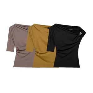 Women asymmetrical one shoulder metallic charm top short sleeve ruched slim fit t-shirt