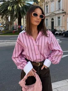 Women striped turn-down collar loose long sleeve casual shirt fashion stylish blouse.
