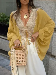 French style lace patchwork chiffon kimono cardigan long sleeve summer sun protection shirt.