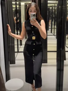 Sleeveless midi dress with gold buttons and belt for women elegant chic style apparel