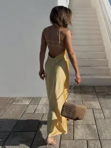 Robe Longue Femme Jaune en Satin Dos Nu Élégante Été Plage Robe de Soirée Sexy