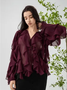 Burgundy V-neck sheer long sleeve blouse with layered ruffles, elegant women's top detail view.