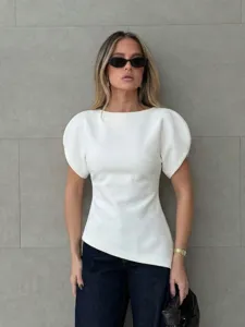 Women's slim crewneck puff sleeve top in white, stylish spring summer daily wear detail view.