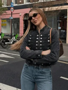 Dames korte denim jas streetwear opstaande kraag dubbelrieks slim fit lente bovenkleding
