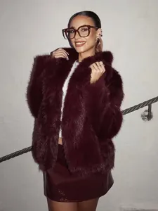 Detailed view of a stylish burgundy faux fur jacket with lapel and long sleeves for winter.