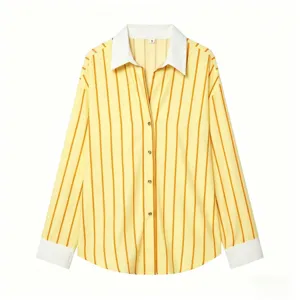 Yellow striped button-up shirt featuring a contrast white lapel collar and matching cuffs.