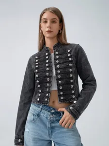 Dames korte denim jas vintage gewassen militaire stijl opstaande kraag knopen