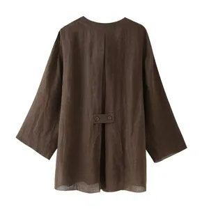 Dark brown linen long sleeve blouse featuring a stylish split back with button tab design.