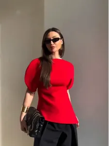 Slim crew neck puff sleeve top for women, vibrant red spring summer fashion clothing.