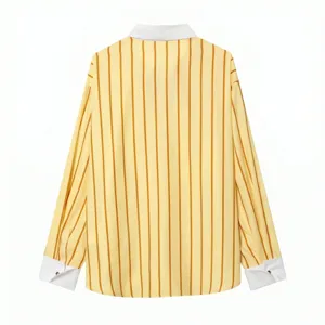 Close-up of striped long-sleeve shirt with contrast white collar and cuffs, casual loose style.