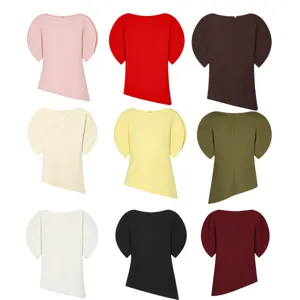 Women short sleeve asymmetric bubble sleeve top slim fit casual crew neck stylish blouse shirt