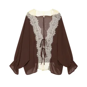 Detail view of the French lace patchwork chiffon cardigan, V-neck long sleeve sun shirt.