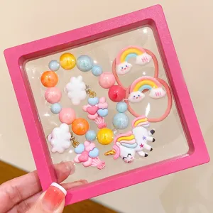 Children cartoon unicorn jewelry set colorful beaded bracelet cute rainbow hair ties kids gift