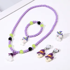 Kids Halloween purple beaded jewelry set with cute ghost necklace bracelet earrings ring