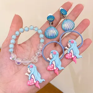 Children mermaid jewelry set cute shell clip-on earrings beaded bracelet kids hair accessories