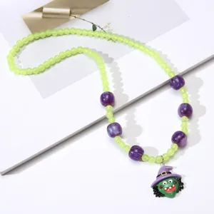 Halloween children's beaded necklace with cute witch pendant, colorful holiday dress up jewelry