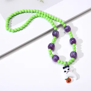 Halloween green and purple beaded necklace with cute ghost pendant variant for kids.