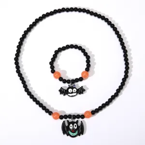 Halloween Kids Necklace Bracelet Set Cute Bat Black Orange Beaded Jewelry Party Gift