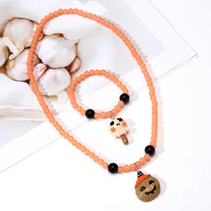 Halloween kids beaded necklace bracelet set, cute pumpkin ghost jewelry accessories