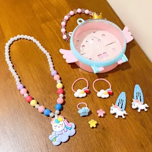 Kids jewelry set unicorn necklace bracelet hair clips gift box pink blue cute accessories
