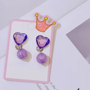 Purple heart clip-on earrings for kids, cute princess style jewelry gift for girls.