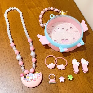 Kids jewelry set with unicorn pearl necklace bag hair clips cute accessories for girls gift