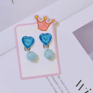 Kids blue heart clip-on earrings set cute princess style non-piercing jewelry accessories