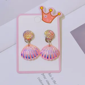 Cute colorful seashell clip-on earrings for kids, sweet princess style girls resin jewelry.
