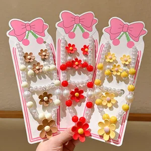 Kids Princess Style Pearl Necklace Bracelet Ring Earrings Set Cute Floral Resin Jewelry Gift For Little Girls