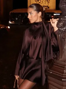 Satin scarf neck long sleeve dress detail shot, elegant evening wear lifestyle street style view.