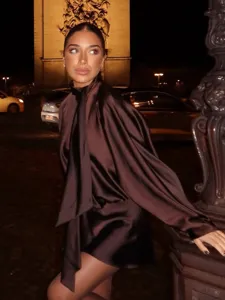 Satin scarf-collar long sleeve mini dress detail view, elegant brown chic evening wear.