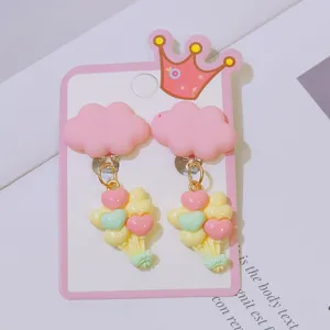 Cute pink cloud heart balloon clip earrings detail, sweet non-pierced children jewelry.