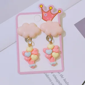 Cute pink cloud balloon clip earrings detail, sweet children princess style non-pierced jewelry.