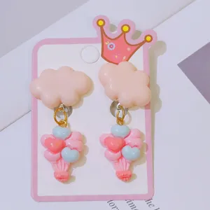 Cute cloud and heart balloon clip-on earrings for kids, sweet princess style pink kids jewelry