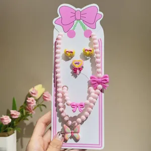 Children pink pearl jewelry set necklace bracelet earrings ring cute butterfly design gift