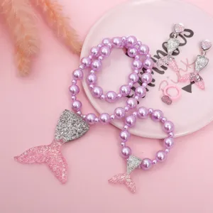 Kids Princess Resin Mermaid Tail Necklace Bracelet Earrings Ring Jewelry Set Cartoon Girls Gift
