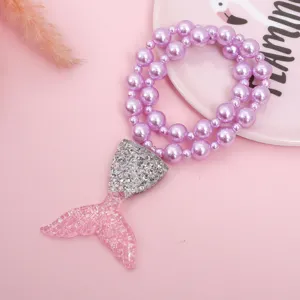 Kids pearl necklace cute mermaid tail pendant pink resin princess jewelry gift for girls kids